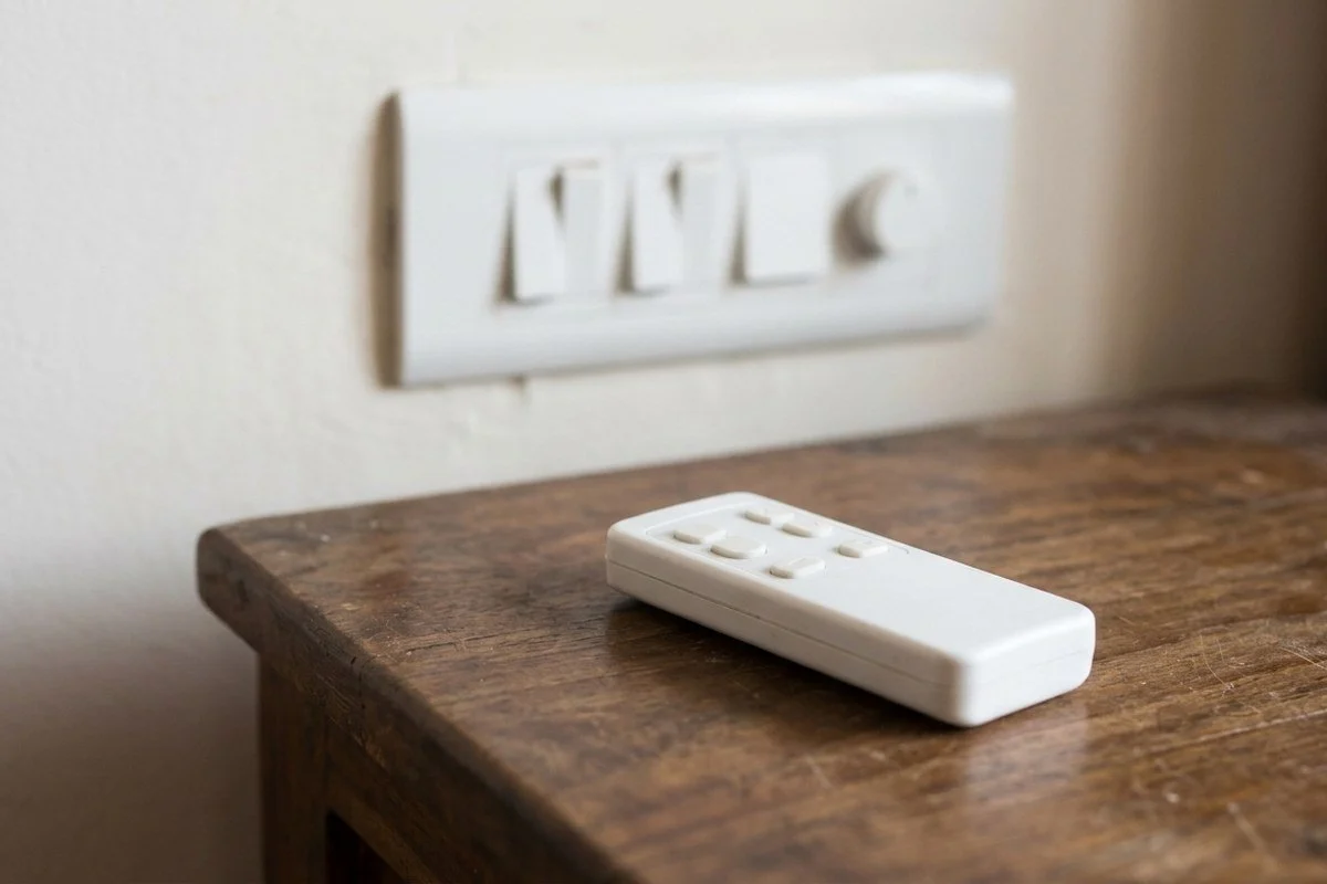 A ceiling fan remote on a bedside table with a wall switch board behind it